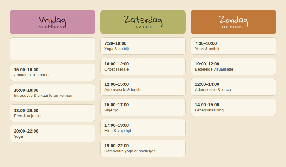 Programma-overzicht van de weekendretraite: vrijdag verbinding, zaterdag inzicht, zondag toekomst